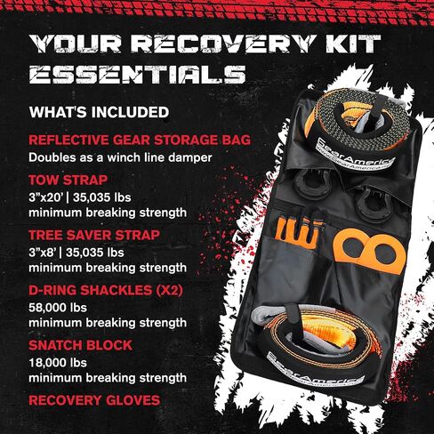 تشمل مجموعة ReageRamerica Off Road Recovery ، 9 طن ، حزام السحب ، مدخرات الأشجار ، بكرة كتلة الخطف ، قيود الدائرية D ، حقيبة رطبة خط Winch ، قفازات - معدات استرداد الطرق ، 4x4 ، أسود in Kuwait