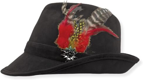 Essence of Europe Gifts OktoberfestHaus | German Hunter Hat Faux Leather Fedora with Metal Edelweiss Pin & Feather, German Oktoberfest Hats for Men & Women, 100% Polyester | Brown in Saudi Arabia