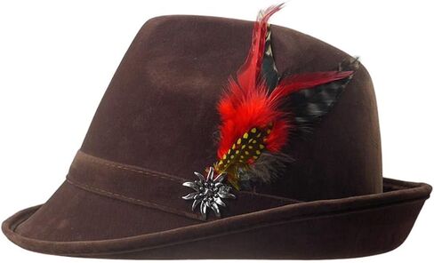 Essence of Europe Gifts OktoberfestHaus | German Hunter Hat Faux Leather Fedora with Metal Edelweiss Pin & Feather, German Oktoberfest Hats for Men & Women, 100% Polyester | Brown in Saudi Arabia