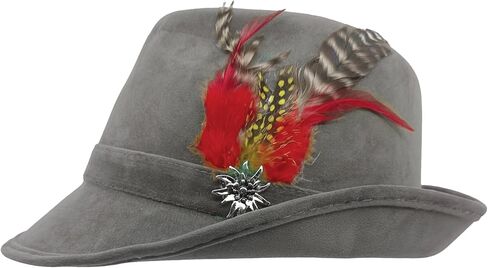 Essence of Europe Gifts OktoberfestHaus | German Hunter Hat Faux Leather Fedora with Metal Edelweiss Pin & Feather, German Oktoberfest Hats for Men & Women, 100% Polyester | Brown in Saudi Arabia