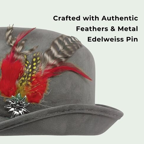 Essence of Europe Gifts OktoberfestHaus | German Hunter Hat Faux Leather Fedora with Metal Edelweiss Pin & Feather, German Oktoberfest Hats for Men & Women, 100% Polyester | Brown in Saudi Arabia