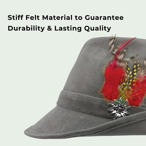Essence of Europe Gifts OktoberfestHaus | German Hunter Hat Faux Leather Fedora with Metal Edelweiss Pin & Feather, German Oktoberfest Hats for Men & Women, 100% Polyester | Brown in Saudi Arabia