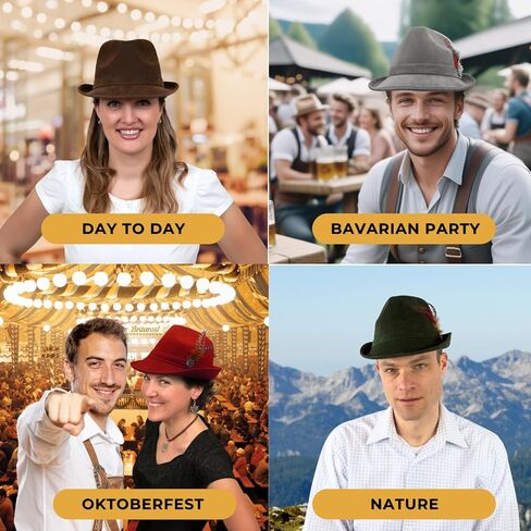 Essence of Europe Gifts OktoberfestHaus | German Hunter Hat Faux Leather Fedora with Metal Edelweiss Pin & Feather, German Oktoberfest Hats for Men & Women, 100% Polyester | Brown in Saudi Arabia