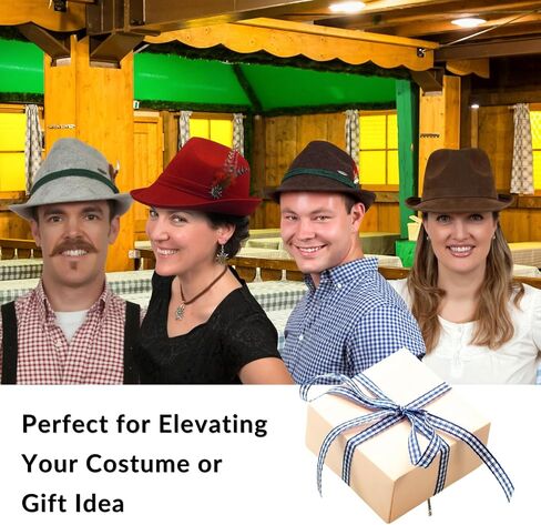 Essence of Europe Gifts OktoberfestHaus | German Hunter Hat Faux Leather Fedora with Metal Edelweiss Pin & Feather, German Oktoberfest Hats for Men & Women, 100% Polyester | Brown in Saudi Arabia