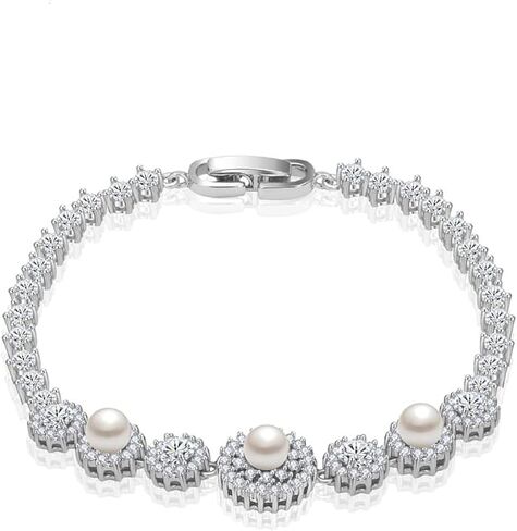 14K Gold Freshwater Pearl Bracelet for Women,Dainty Cultured White Pearl Moissanite Link Bracelet,Fashion Pearl Jewelry Gift for Her in Saudi Arabia