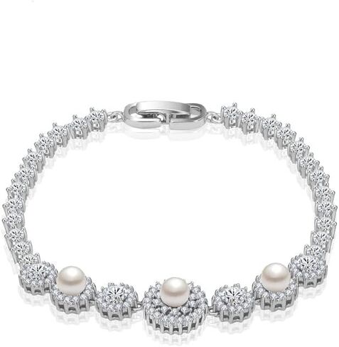 14K Gold Freshwater Pearl Bracelet for Women,Dainty Cultured White Pearl Moissanite Link Bracelet,Fashion Pearl Jewelry Gift for Her in Saudi Arabia