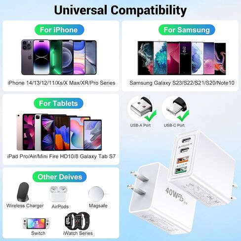 2Pack 5-Port USB C Charger Block, 50W Fast Charging Blocks 3 USB-A+2 USB-C Wall Plug Power Adapter Outlet Multiport Type C Box Cube Brick for iPhone 16 iPad, Tablets Samsung S23, Pixel 7 in Kuwait
