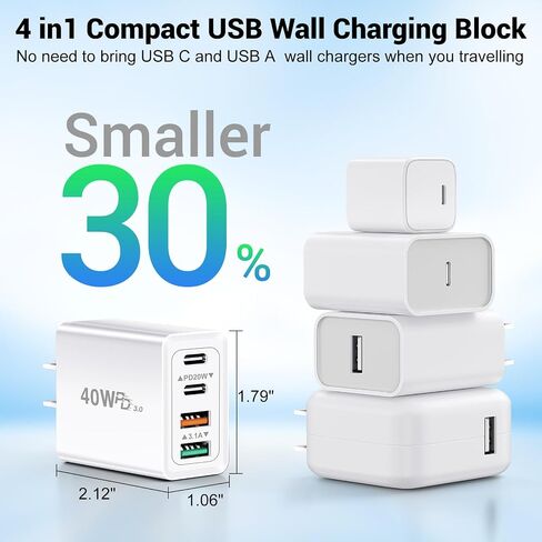 2Pack 5-Port USB C Charger Block, 50W Fast Charging Blocks 3 USB-A+2 USB-C Wall Plug Power Adapter Outlet Multiport Type C Box Cube Brick for iPhone 16 iPad, Tablets Samsung S23, Pixel 7 in Kuwait