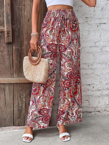 Floerns Women's Leopard Print Straight Leg Pants Loose Drawstring Waist Trousers in Saudi Arabia