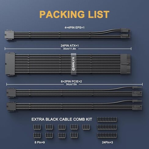 ملحق كابل Sirlyr PSU، كابل إمداد طاقة مخصص للكمبيوتر الشخصي مسبقًا، 1 × 24 دبوس ATX / 1 × 8 (4+4) دبوس EPS/أطول 2X 8 (6+2) دبوس Pcie مطلي بالذهب، أكمام من النايلون أبيض أحمر أزرق، 4 أطقم in Kuwait