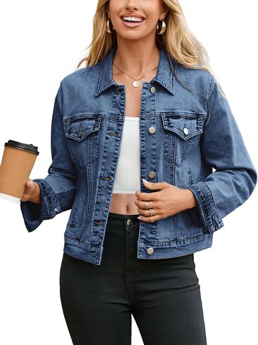 Glamaker Womens Jean Jacket 2025 Basic Trendy Long Sleeve Denim Jackets Button Down Fitted Trucker Shacket with Pockets in Saudi Arabia