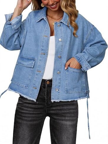 جاكيتات Glamaker Womens Jean اقتصاص زر الدنيم السترة الزبدة أسفل معطف سقوط سقوط من طراز خمر مع جيوب in Saudi Arabia