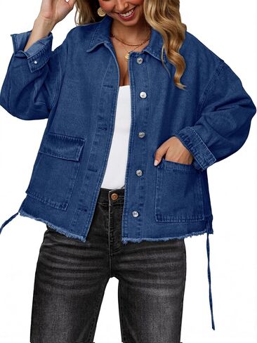 Glamaker Womens Jean Jackets Cropped Casual Denim Jacket Button Down Vintage Loose Frayed Hem Fall Coat with Pockets in Saudi Arabia