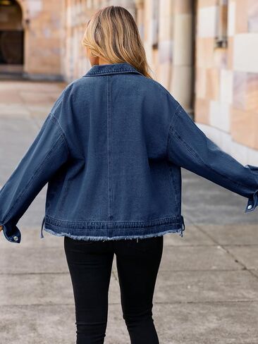 Glamaker Womens Jean Jackets Cropped Casual Denim Jacket Button Down Vintage Loose Frayed Hem Fall Coat with Pockets in Saudi Arabia