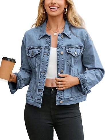 Glamaker Womens Jean Jacket 2025 Basic Strendy Long Sleeve Denive Jackets Button Down Mitted Trucker Shacket مع جيوب in Saudi Arabia