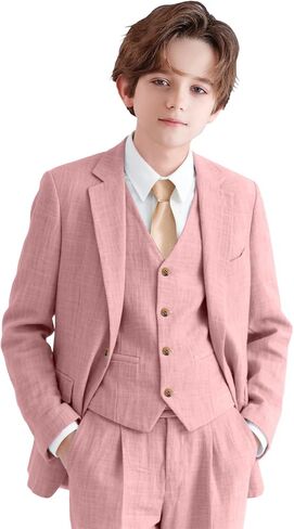Boys Linen Suit Casual Summer 3 Piece Slim Fit Suit Breathable Kids Teen boy Jacket Vest Pant in Saudi Arabia