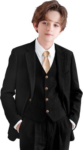 Boys Linen Suit Casual Summer 3 Piece Slim Fit Suit Breathable Kids Teen boy Jacket Vest Pant in Saudi Arabia