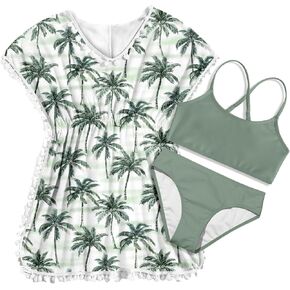 Goodstoworld Girls Hawaiian Swimsuits Palm Leaf Bathing Suit 9-10 Teens Bikini Sets 3 Piece Beach Outfits Green Floral Swim Wear Coveup Pom Pom Trim Size 9-10 in Kuwait