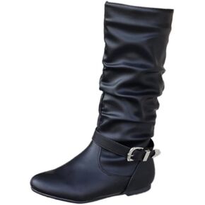 Brown Slouchy Mid Calf Boots for Women - Wide Calf Flat Boots with Metal Lock for Fall in Saudi Arabia