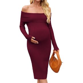 Yousify Womens Maternity Sweater Dresses Off Shoulder Long Sleeve Knit Bodycon Midi Dresses for Baby Shower Photoshoot in Kuwait