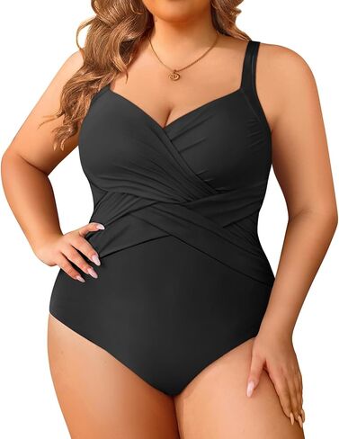 بدلة سباحة Tempt Me مقاس كبير قطعة واحدة للنساء بدلة استحمام ريترو للتحكم في البطن، ملابس سباحة أمامية متقاطعة، أسود 18 وات in Kuwait