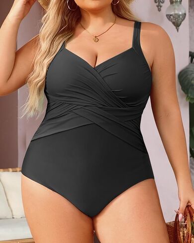 بدلة سباحة Tempt Me مقاس كبير قطعة واحدة للنساء بدلة استحمام ريترو للتحكم في البطن، ملابس سباحة أمامية متقاطعة، أسود 18 وات in Kuwait