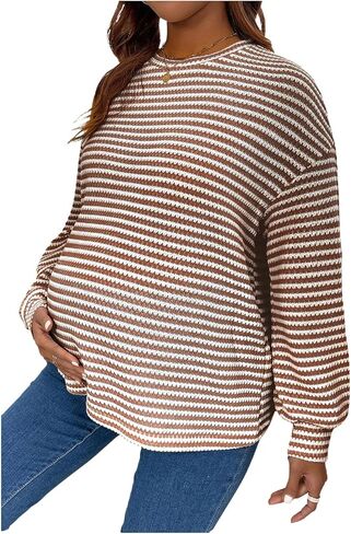 Women's Maternity Striped T Shirts Long Sleeve Crew Neck Drop Shoulder Fall Tops Maternity Clothes in Kuwait