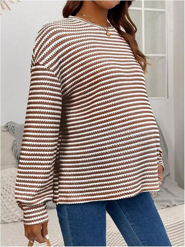 Women's Maternity Striped T Shirts Long Sleeve Crew Neck Drop Shoulder Fall Tops Maternity Clothes in Kuwait