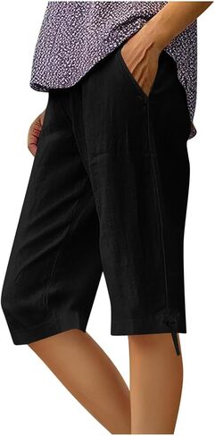 Capri Pants for Women Cotton Linen Casual Summer 2025 Straight Wide Leg Elastic Waist Cropped Trouser with Drawstring in Saudi Arabia
