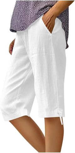 Capri Pants for Women Cotton Linen Casual Summer 2025 Straight Wide Leg Elastic Waist Cropped Trouser with Drawstring in Saudi Arabia