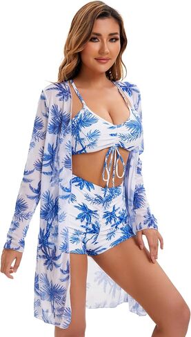 Yknktstc Womens 3 Pieces Bikini Set Swimsuit Tropical Beach Cover up Kimono Swimwear Bathing Suit with Boy Shorts in Saudi Arabia