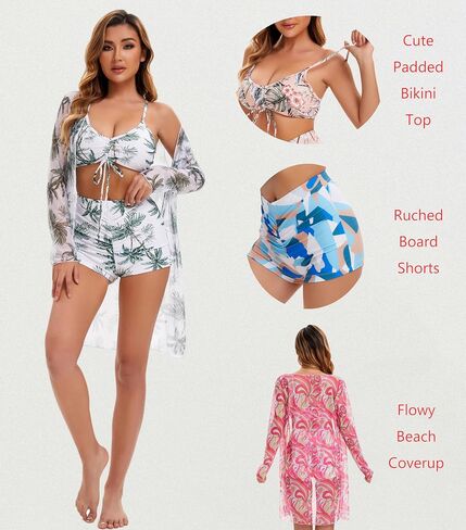 Yknktstc Womens 3 Pieces Bikini Set Swimsuit Tropical Beach Cover up Kimono Swimwear Bathing Suit with Boy Shorts in Saudi Arabia