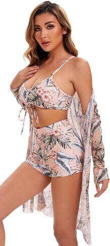 Yknktstc Womens 3 Pieces Bikini Set Swimsuit Tropical Beach Cover up Kimono Swimwear Bathing Suit with Boy Shorts in Saudi Arabia