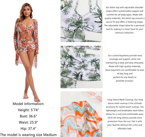Yknktstc Womens 3 Pieces Bikini Set Swimsuit Tropical Beach Cover up Kimono Swimwear Bathing Suit with Boy Shorts in Saudi Arabia