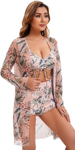 Yknktstc Womens 3 Pieces Bikini Set Swimsuit Tropical Beach Cover up Kimono Swimwear Bathing Suit with Boy Shorts in Saudi Arabia