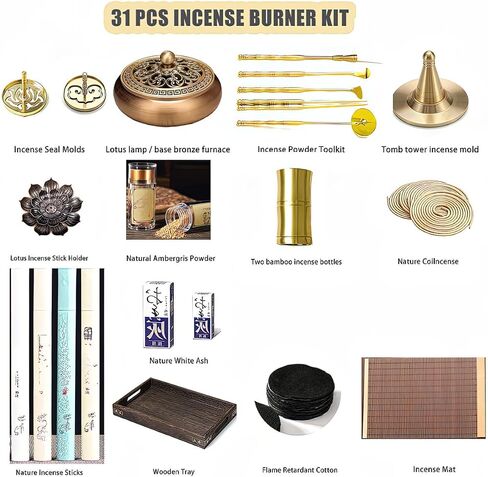 31 Pcs Powder Incense Burner Set, Brass Incense Making Kit, Chinese Incense Burner Powder Set Includes Holder/Stick/Cone/Coil/Ash Catcher Tray, Gift for Yoga and Meditation (31) in Saudi Arabia