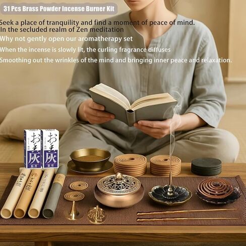 31 Pcs Powder Incense Burner Set, Brass Incense Making Kit, Chinese Incense Burner Powder Set Includes Holder/Stick/Cone/Coil/Ash Catcher Tray, Gift for Yoga and Meditation (31) in Saudi Arabia