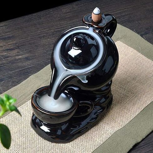 Zuny Home Decorekettle Design إسقاط الدخان النافورة النافورة حامل البخور - عرض ديكور الحرف اليدوية الهندية مع 10 مخاريط مجانية (أسود) in Saudi Arabia