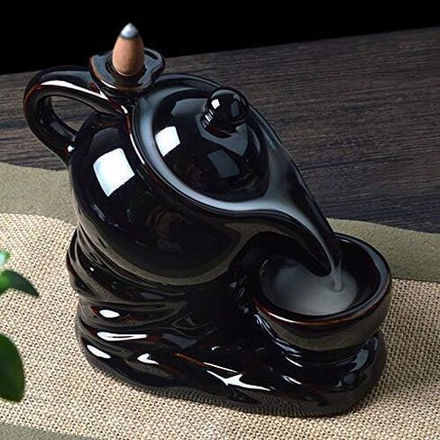 Zuny Home Decorekettle Design إسقاط الدخان النافورة النافورة حامل البخور - عرض ديكور الحرف اليدوية الهندية مع 10 مخاريط مجانية (أسود) in Saudi Arabia