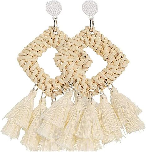 Lightweight Rattan Statement Earrings for Women Teen Girls,Geometric Tassel Woven Boho Earrings Handmade Straw Wicker Braid Hoop Drop Dangle Earrings (A) in Saudi Arabia