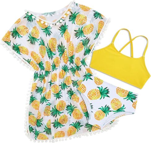 Goodstoworld Girls Hawaiian Swimsuits Palm Leaf Bathing Suit 9-10 Teens Bikini Sets 3 Piece Beach Outfits Green Floral Swim Wear Coveup Pom Pom Trim Size 9-10 in Saudi Arabia