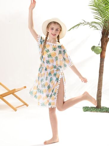 Goodstoworld Girls Hawaiian Swimsuits Palm Leaf Bathing Suit 9-10 Teens Bikini Sets 3 Piece Beach Outfits Green Floral Swim Wear Coveup Pom Pom Trim Size 9-10 in Saudi Arabia