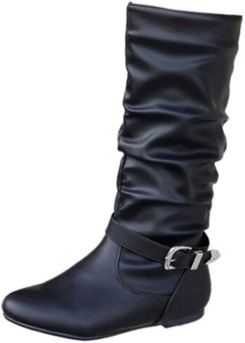 Brown Slouchy Mid Calf Boots for Women - Wide Calf Flat Boots with Metal Lock for Fall in Saudi Arabia