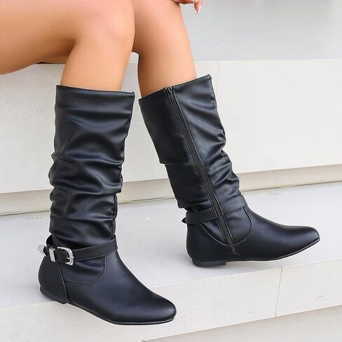 Brown Slouchy Mid Calf Boots for Women - Wide Calf Flat Boots with Metal Lock for Fall in Saudi Arabia