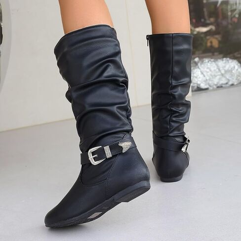 Brown Slouchy Mid Calf Boots for Women - Wide Calf Flat Boots with Metal Lock for Fall in Saudi Arabia