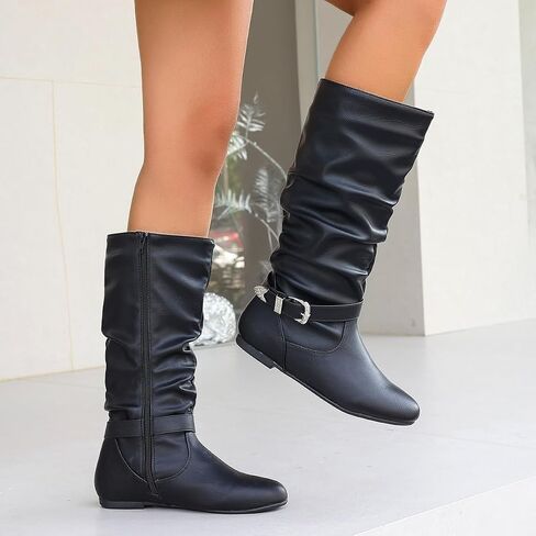 Brown Slouchy Mid Calf Boots for Women - Wide Calf Flat Boots with Metal Lock for Fall in Saudi Arabia