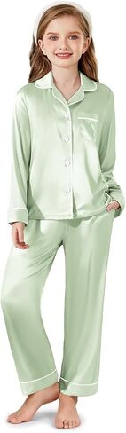 Arshiner Girls Pajamas Silk Satin Pajama Set Long Sleeve Pjs Button Down Sleepwear in Saudi Arabia