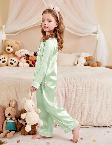 Arshiner Girls Pajamas Silk Satin Pajama Set Long Sleeve Pjs Button Down Sleepwear in Saudi Arabia