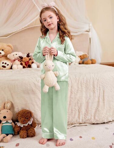Arshiner Girls Pajamas Silk Satin Pajama Set Long Sleeve Pjs Button Down Sleepwear in Saudi Arabia