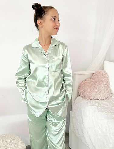 Arshiner Girls Pajamas Silk Satin Pajama Set Long Sleeve Pjs Button Down Sleepwear in Saudi Arabia